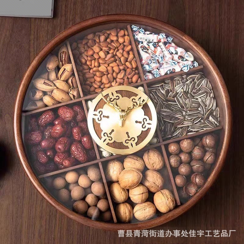 無垢材ドライフルーツボックス中国風ラウンド九方格子キャンディナッツプレートクルミカラーパーティションコーヒーテーブルスナックキャンディプレート|undefined