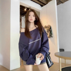 美式藏青色斜肩卫衣秋季新款设计感宽松辣妹穿搭长袖慵懒风外套女