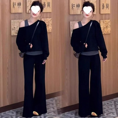 休闲运动套装女2025秋季新款时髦洋气斜肩假两件卫衣阔腿裤两件套