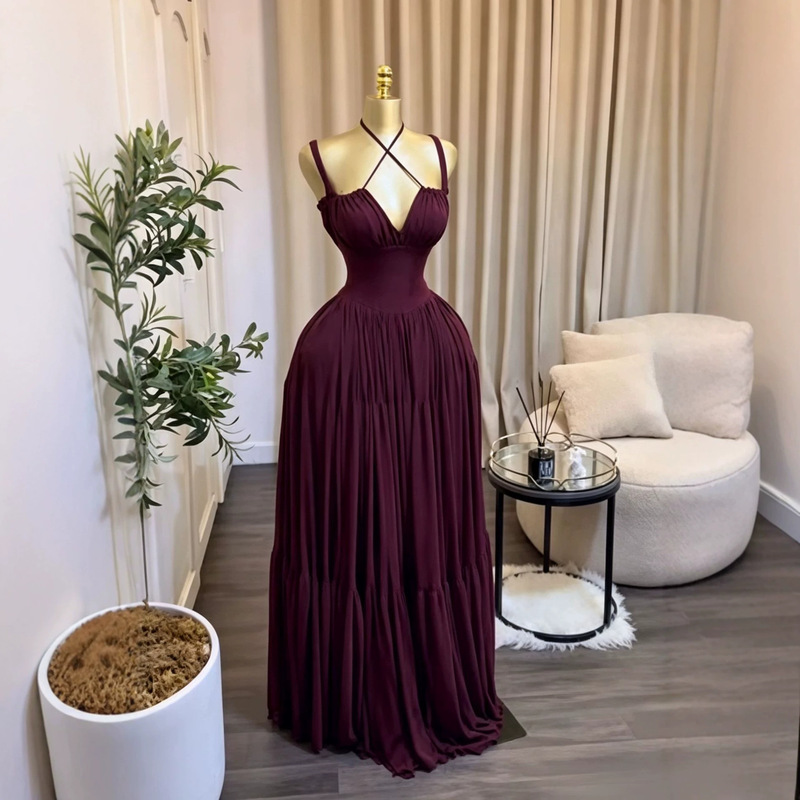 In stock 2026 new cross-border European and American women's clothing INS holiday mesh strap elegant high-waisted long dress