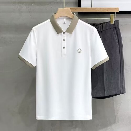 2025 Fashion Summer Short Sleeve Polo Shirt Ice Silk Paul Shirt Gold Thread Color Block Collar Men's Half Sleeve