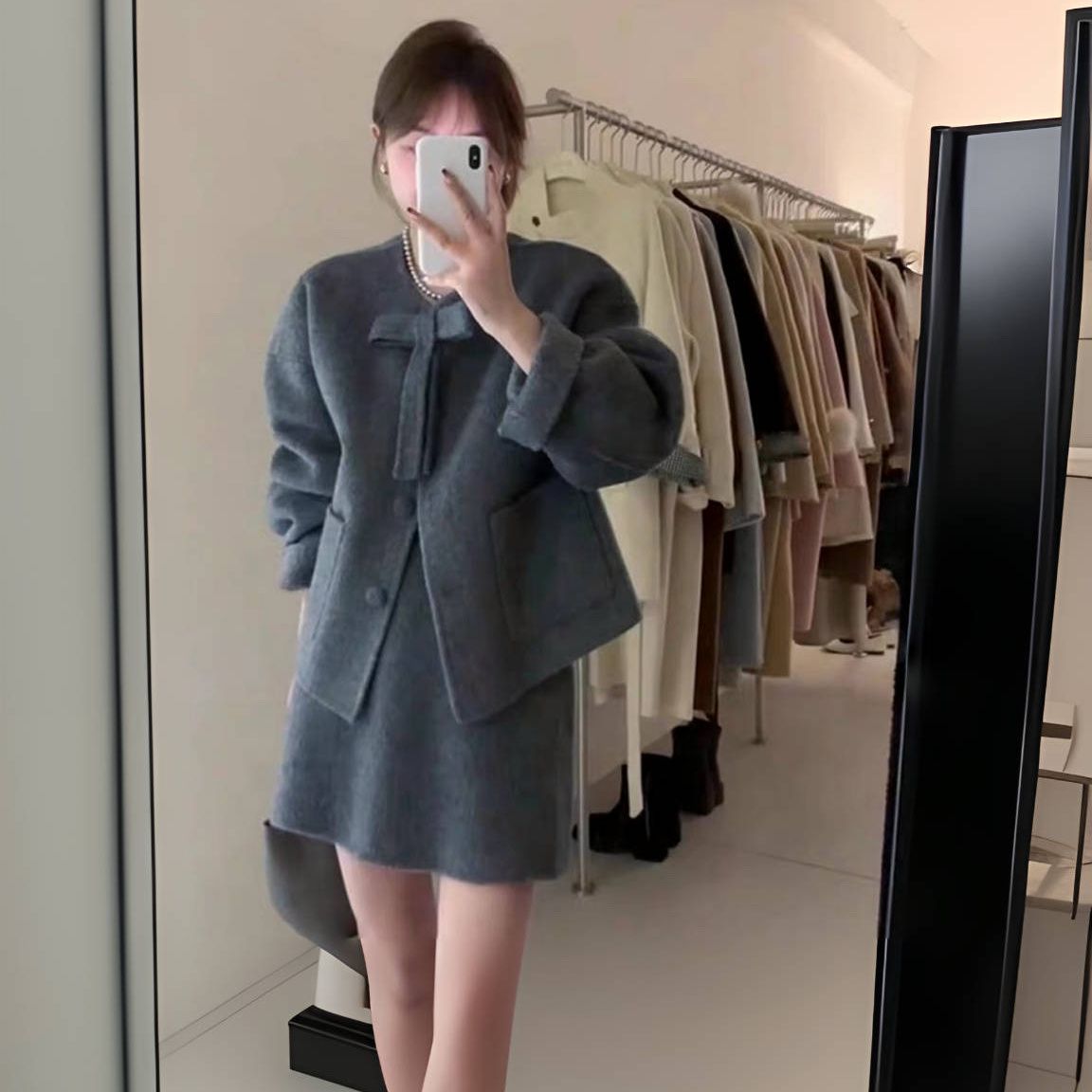 大码胖mm女冬小香风富家千金毛呢外套半身裙小洋装两件套装200斤