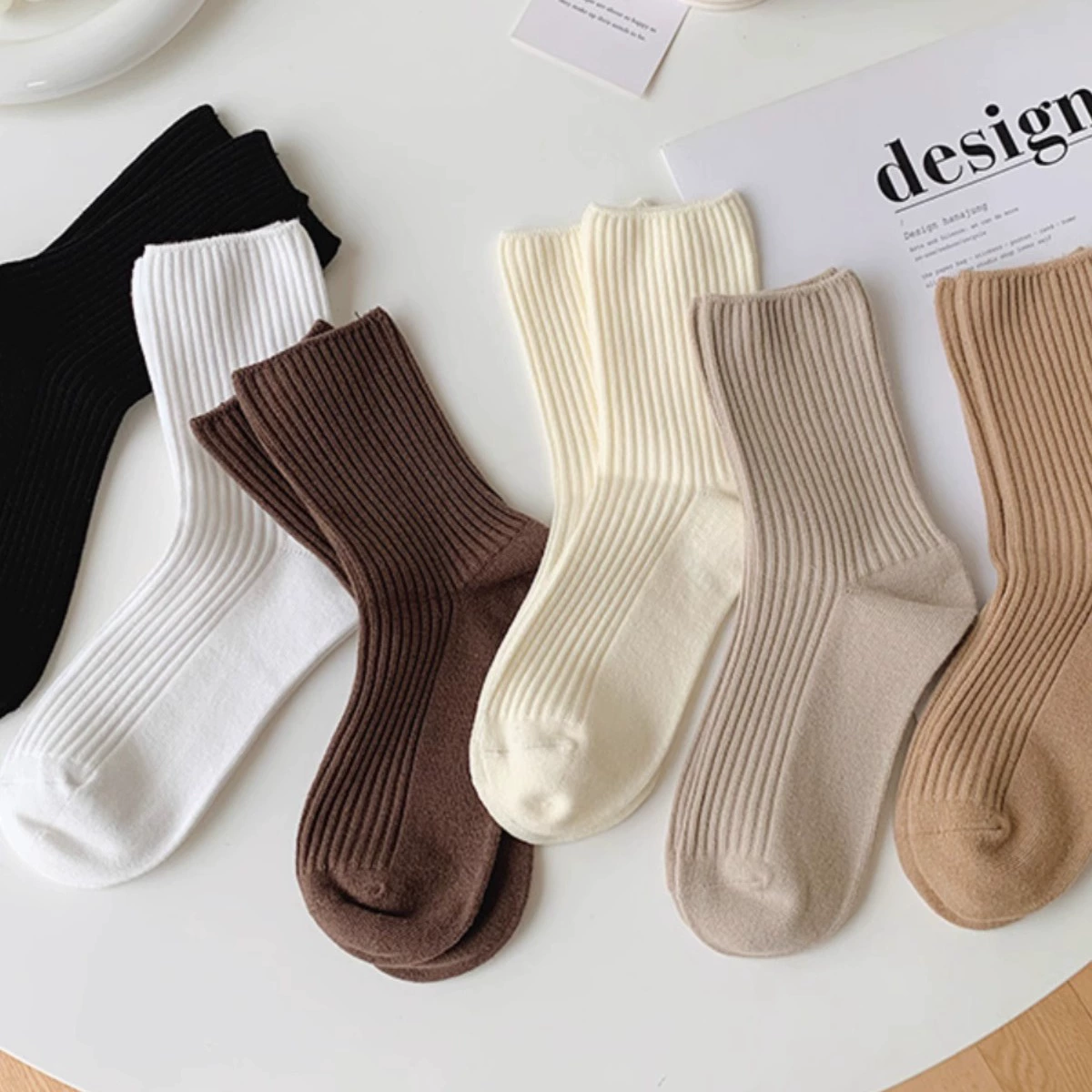 High ribbed socks set, 5 pairs cotton, women's crew socks, one size