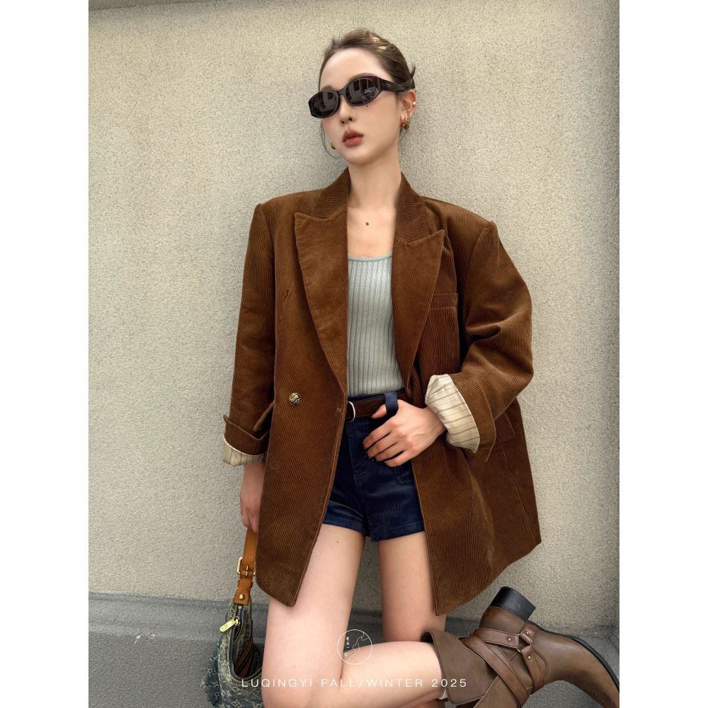 ng2510292 Qing Yi Original Guifengqin Vintage Corduroy Blazer da donna, giacca casual autunnale in cotone con revers a tacca_voghion.com