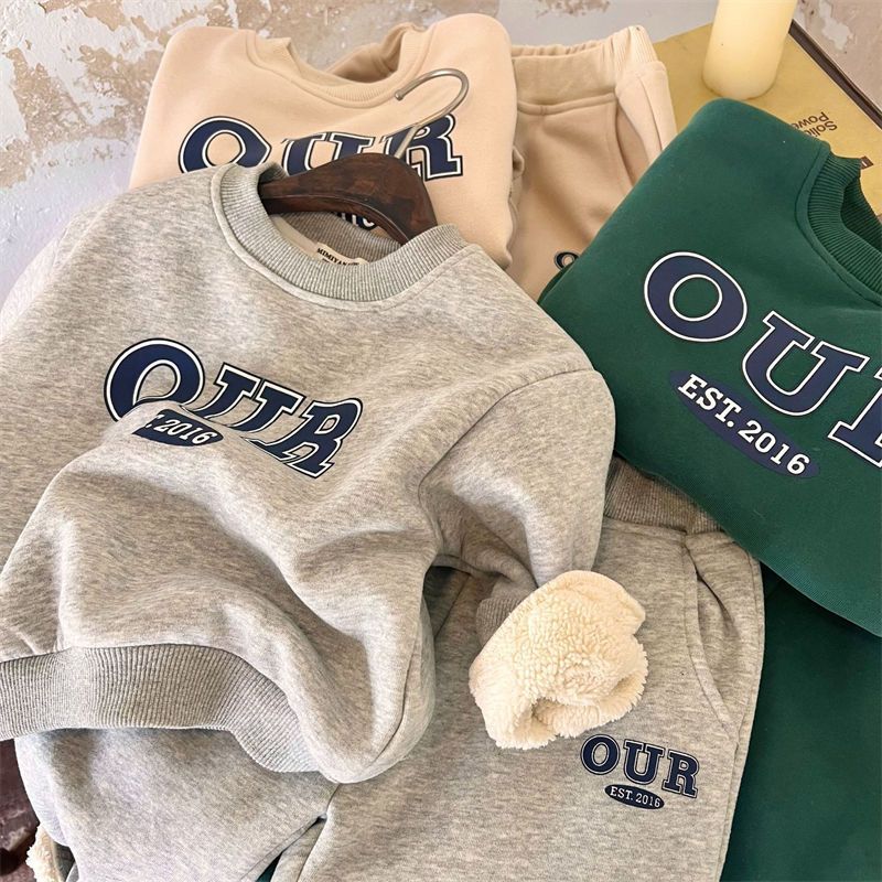 Kid's Clothing Spring And Autumn And Winter Boys And Girls Printed Letters Warm Tide Treasure Plus Velvet Thickened Our Sweatshirt Suit_voghion.com