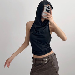 法式背心女夏潮修身季感大设计小众露背新款连帽无袖上衣显瘦系带