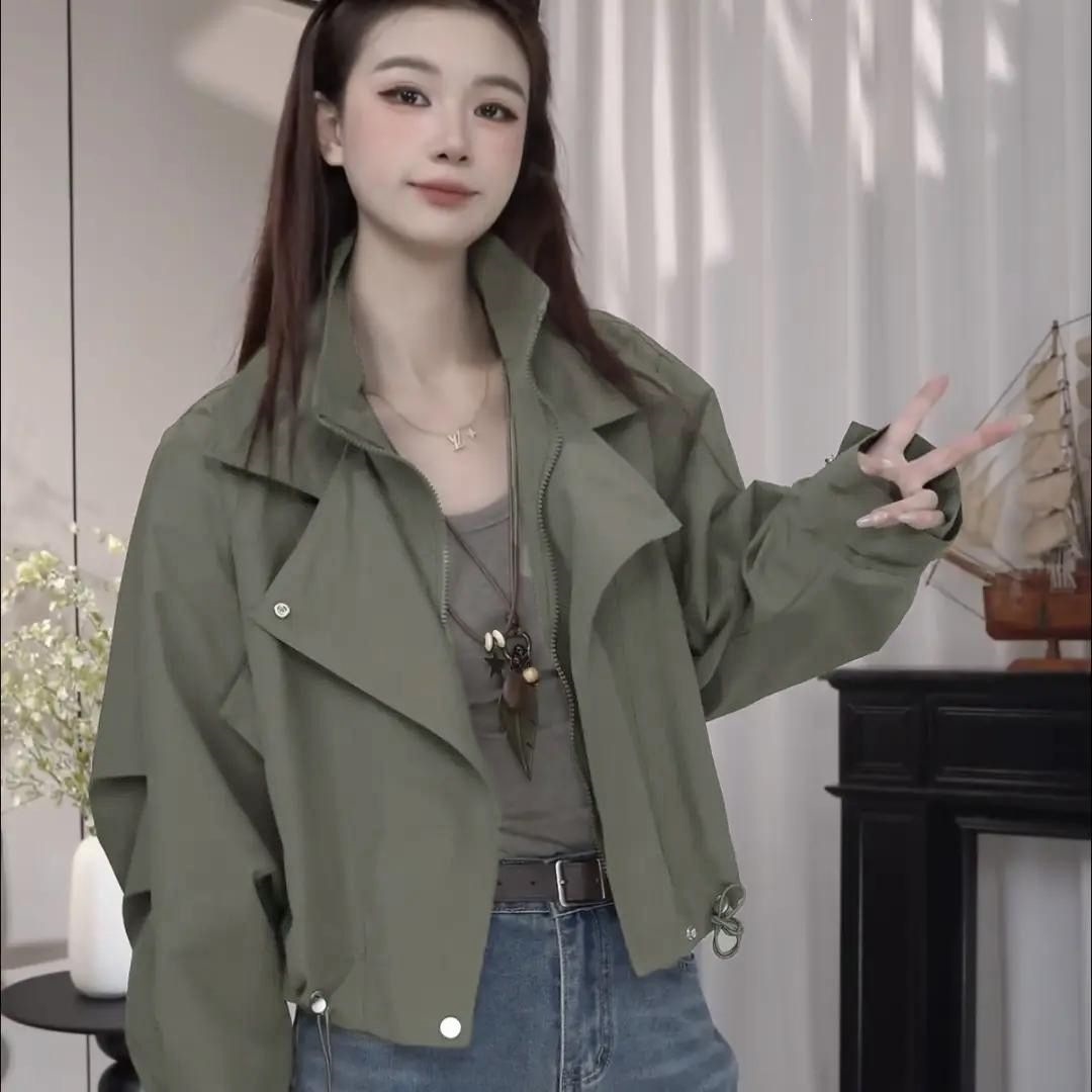 欧洲站2026秋新款翻领按扣拉链长袖短外套女抽绳收腰夹克