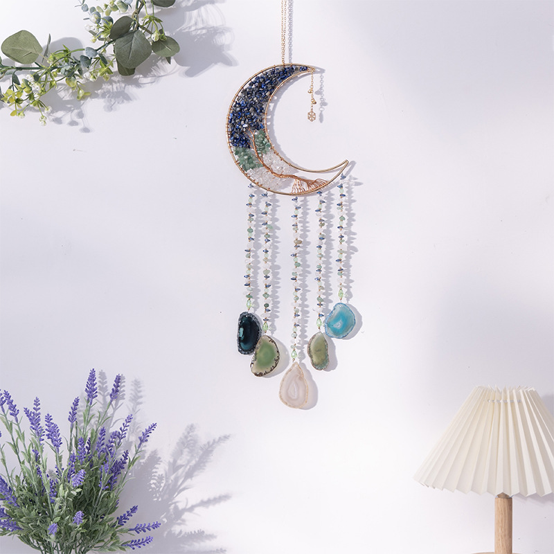 Dreamer Handmade Moon Catcher Net Crystal Crushed Agate Shaped Stone Gemstone Jewelry Accessory Home Decor Wall Hanging