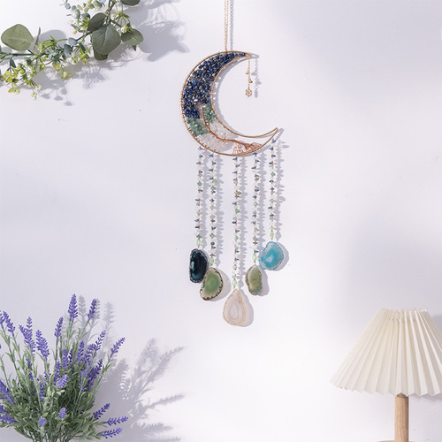Dreamer Handmade Moon Catcher Net Crystal Crushed Agate Shaped Stone Gemstone Jewelry Accessory Home Decor Wall Hanging