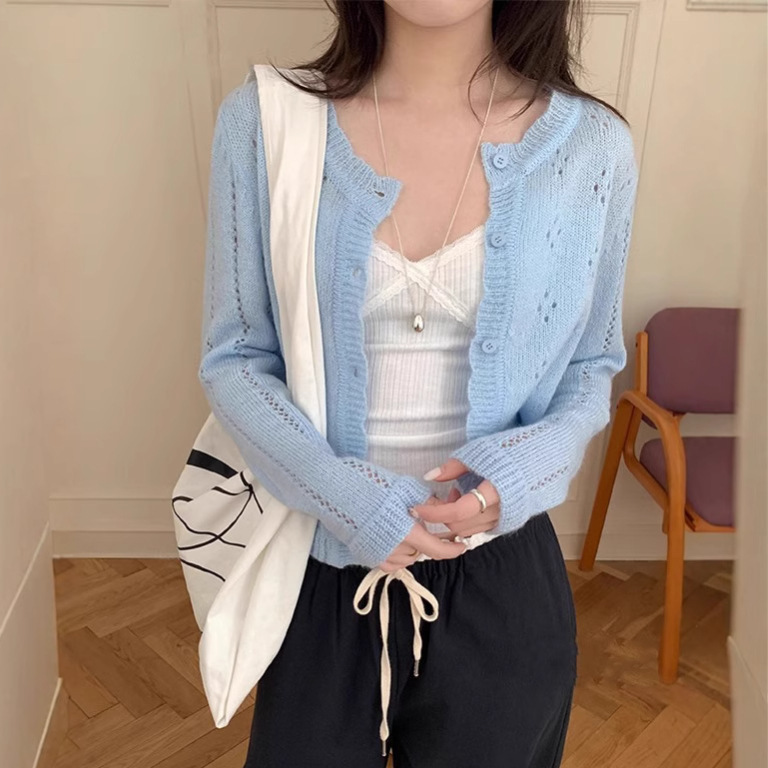 Early Spring Short Hollow-Out Knit Cardigan for Petite Women, Loose Fit, Slimming, Versatile, Thin Long-Sleeve Top for Summer Layering