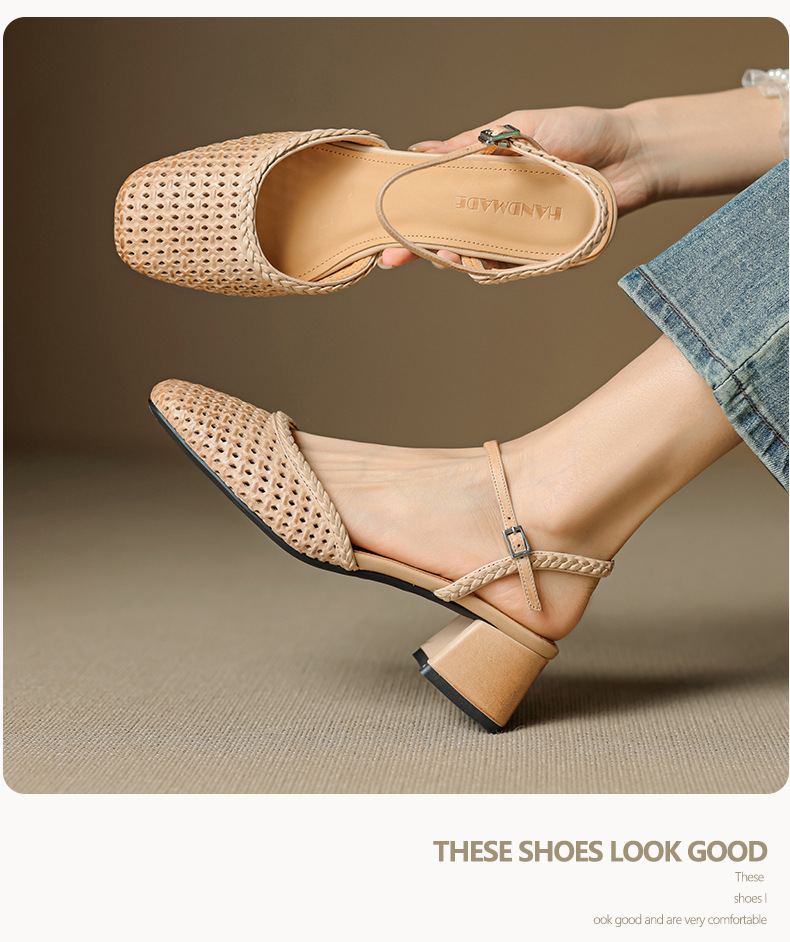 Giày sandal cao gót nữ quai ngang mũi tròn da bò, gót 5 cm — đen chi tiết 8