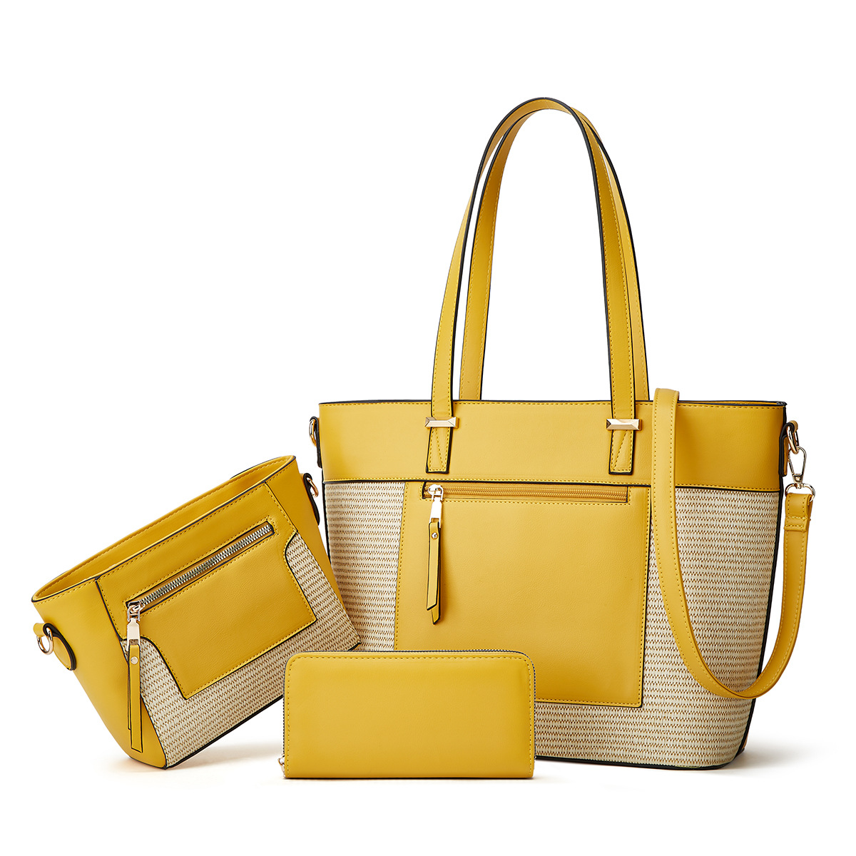 2025 New Tote Cross-Border Patchwork Color Woven Handbag Crossbody Bag Three-Piece Set_voghion.com
