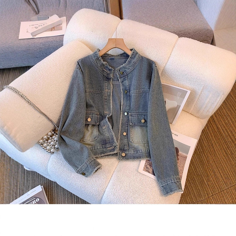 2025 Spring and Autumn New Retro Raw Edge Washed Denim Tops Women's Loose Design Easiest for Match Outerwear Tops