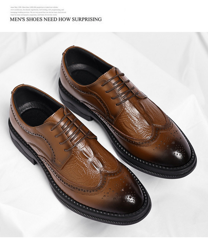 Giày da nam công sở da bò vân cá sấu mũi nhọn kiểu Brogue tăng chiều cao — Nâu công sở, Đen thời trang chi tiết 22