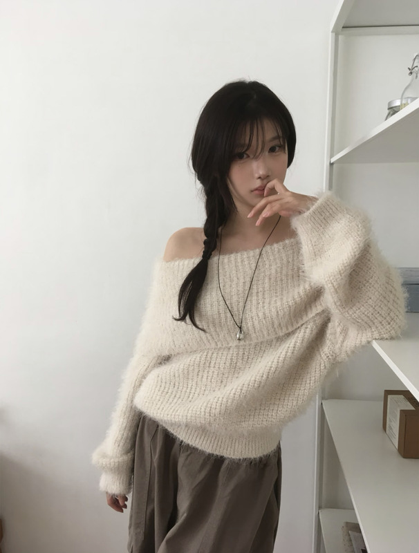 韩国东大门modimood一字肩露锁骨针织毛绒背心套装毛衣休闲百搭女|undefined