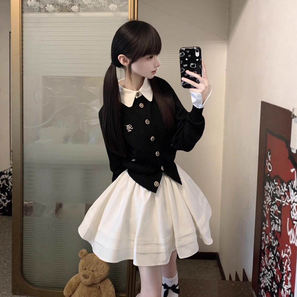 College Style Suit Korean Style Complete Set of Ootd Wear Knitted Knitwear Top Skirt Two-Piece Set 2025 Autumn