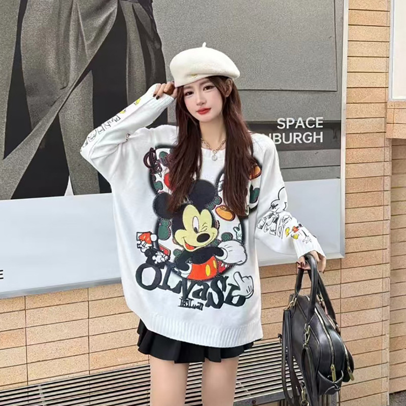 Korean Style Cartoon Printed Rhinestone Round Neck Long-Sleeved Pullover Knitwear for Women, Sweet and Cute Loose Autumn and Winter Knitwear