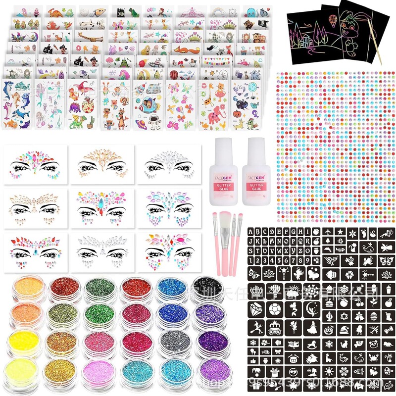 Glitter Tattoo suit 24 Color, Face Gem, Rhinestone, Temporary Tattoo, Holiday Face Glitter