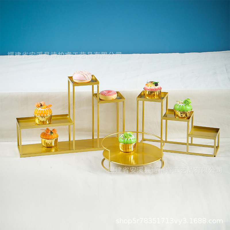 Boda europea creativa hierro forjado refrigerio estante buffet comida fría mesa de té descanso mesa de postres dorados exhibición estante de pastel