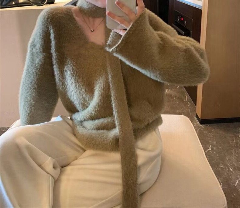 Sciarpa con scollo a V in stile coreano con pullover in pelliccia di visone, morbida maglia appiccicosa per l'autunno e l'inverno delle donne_voghion.com