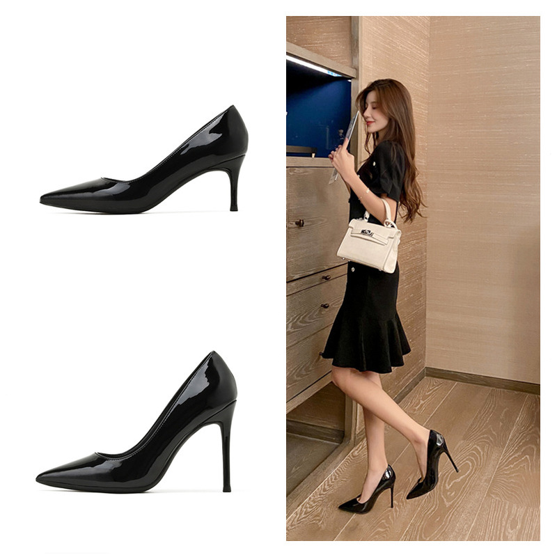 Spring NEW high heels stiletto heel shallow mouth pointed professional black OL business work shoes women's fashion patent leather shoes