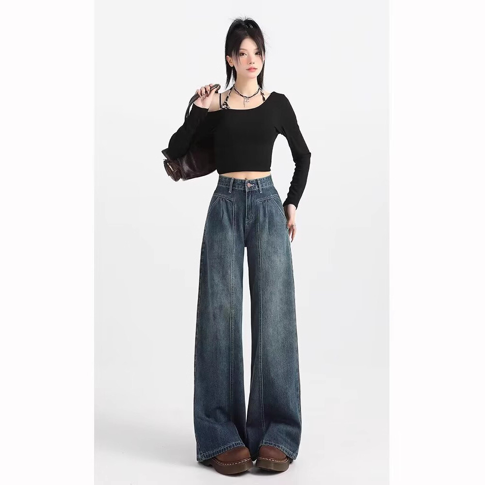 Wholesale Cross-Border Retro Wide-Leg Jeans for Women, New High-Waisted Slimming and Drapey Waist, Pear-Shaped Figure, Loose Spring and Autumn