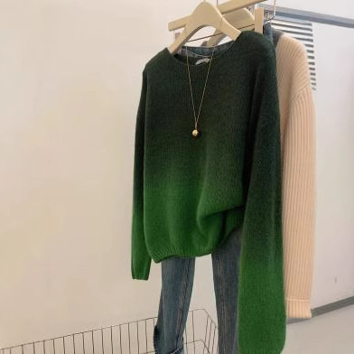 Gradient Green Retro Pullover Loose Sweater Outer Wear Lazy Style High-end Women's Autumn and Winter Thin Knitted Top