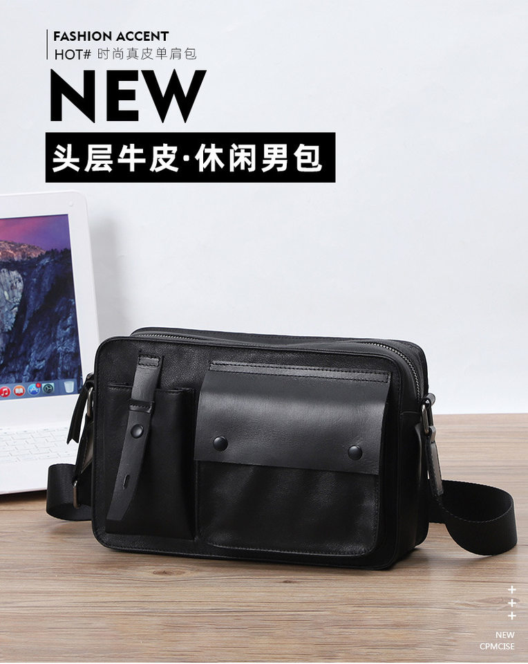 Túi đeo chéo nam da bò lớp đầu sức chứa lớn 27×9×18 cm — Màu đen chi tiết 1