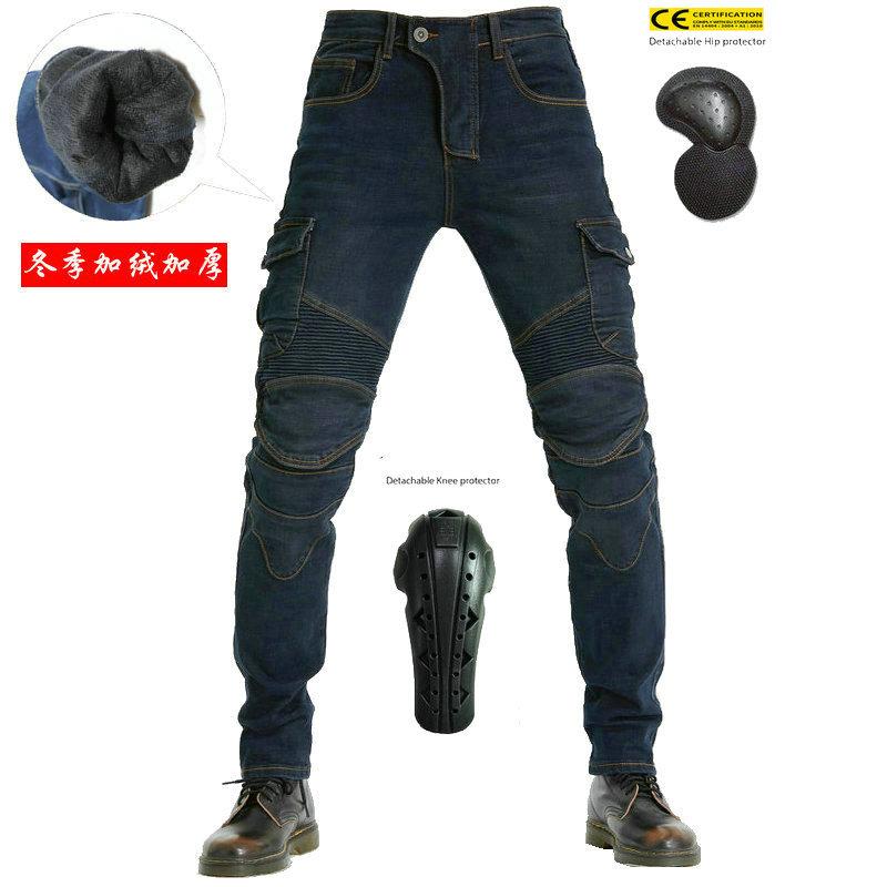 VOLERO pantalones vaqueros de la motocicleta de los hombres de invierno de lana forrada ciclismo pantalones multi-bolsa overoles de la motocicleta equipo de protección alargado