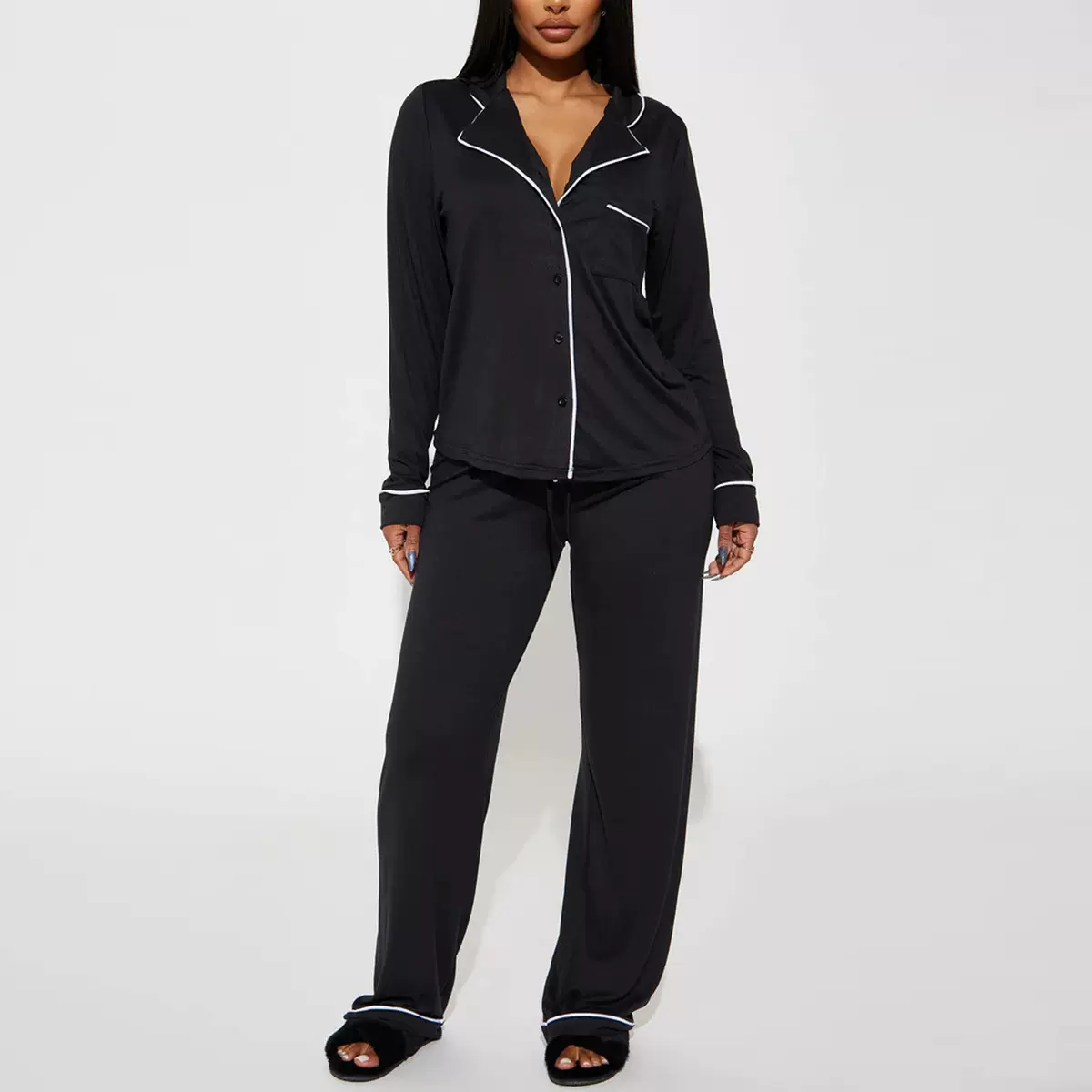 亚马逊欧美跨境睡衣女款秋冬季长袖衬衫长裤家居服两件套homewear