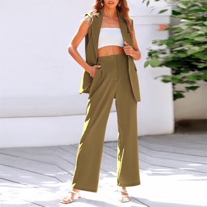 Amazon cross-border 2025 spring and autumn new temperament sleeveless button suit women's loose trousers suit wholesale Amazon cross-border 2025 spring and autumn new temperament sleeveless button suit women's loose trousers suit wholesale