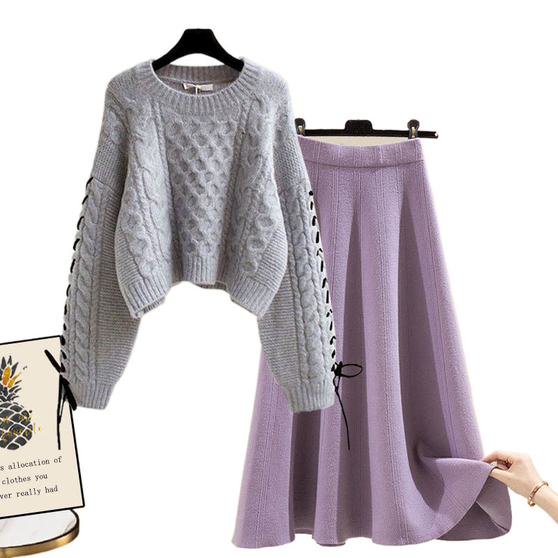 플러스 사이즈 여자 가을 세트 여자 2024 뉴 에이지 감소 루즈 스웨터 높은 허리 중간 길이 스커트 투피스 세트