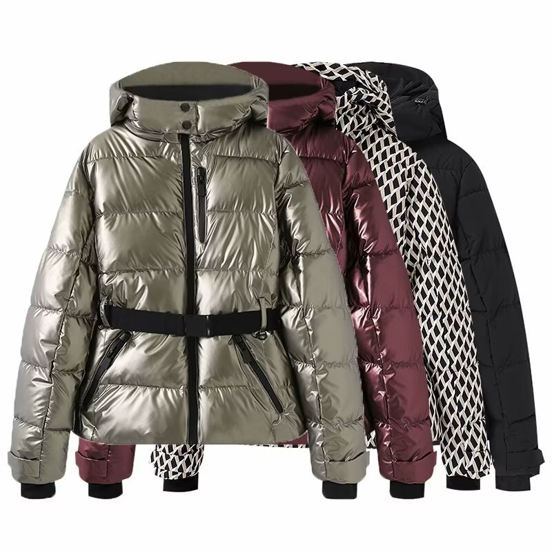 European and American Style Belted down Cotton Hooded Jacket Houndstooth Windproof Waterproof Ski Cotton Coat for Women