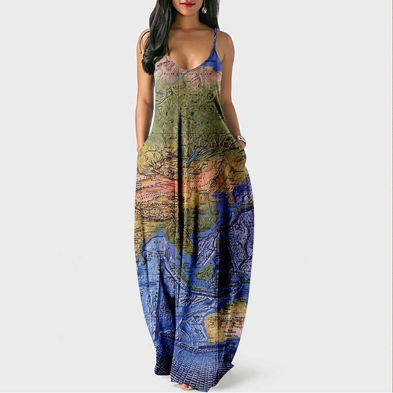 New Amazon Summer Cool Suspender Long Skirt Map Digital Printing Temperament Street Dress Can Be Shipped on Behalf of Others