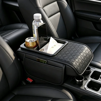 Car Armrest Box Heightening Pad, Multifunctional Storage, Water Cup Holder, Tissue Box, Car Center Armrest Pad Storage (Armrest box pad) - four-leaf-clover-curved-version-black