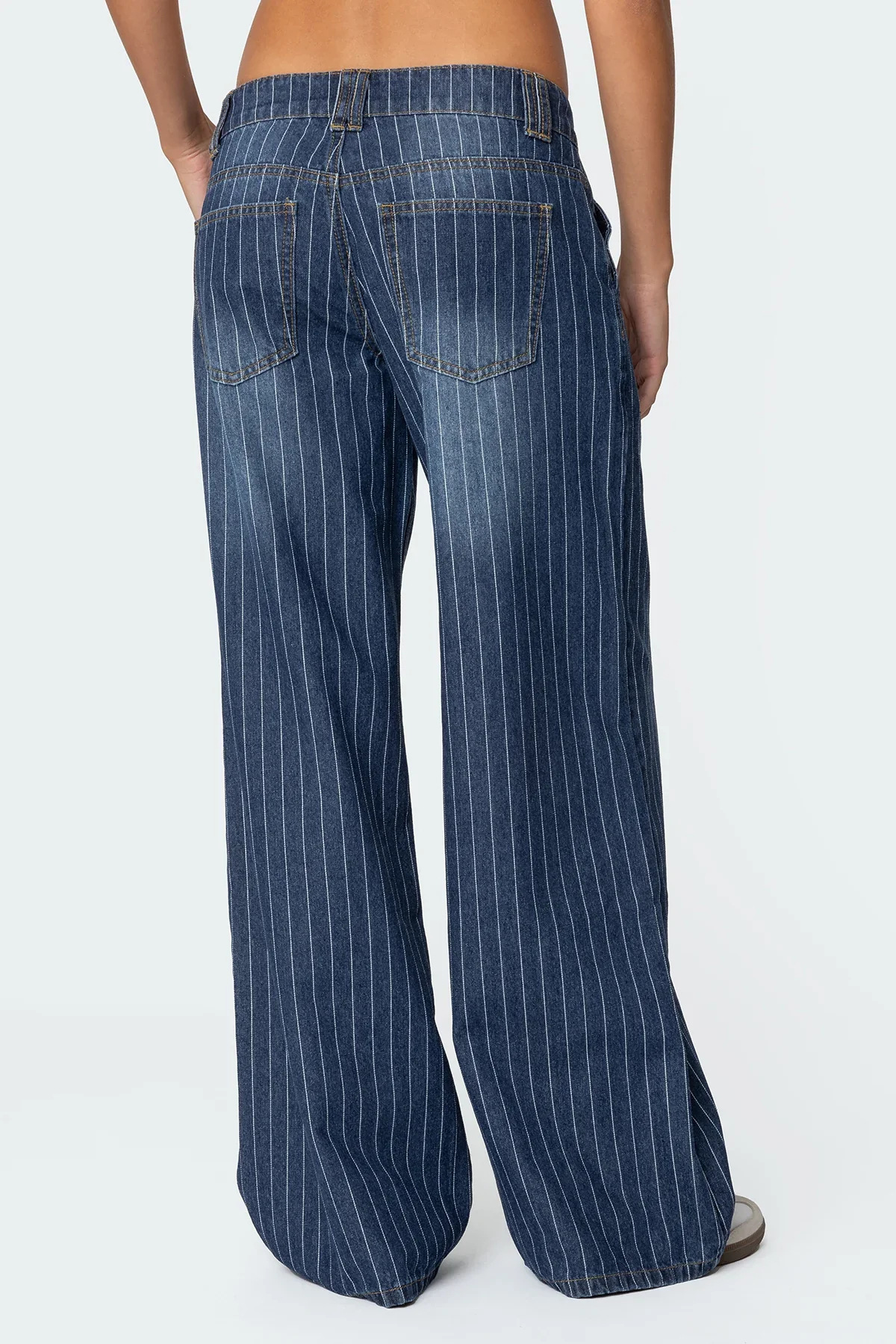 Vintage Wide-leg Striped Jeans For Women - Blue Distressed Denim_voghion.com