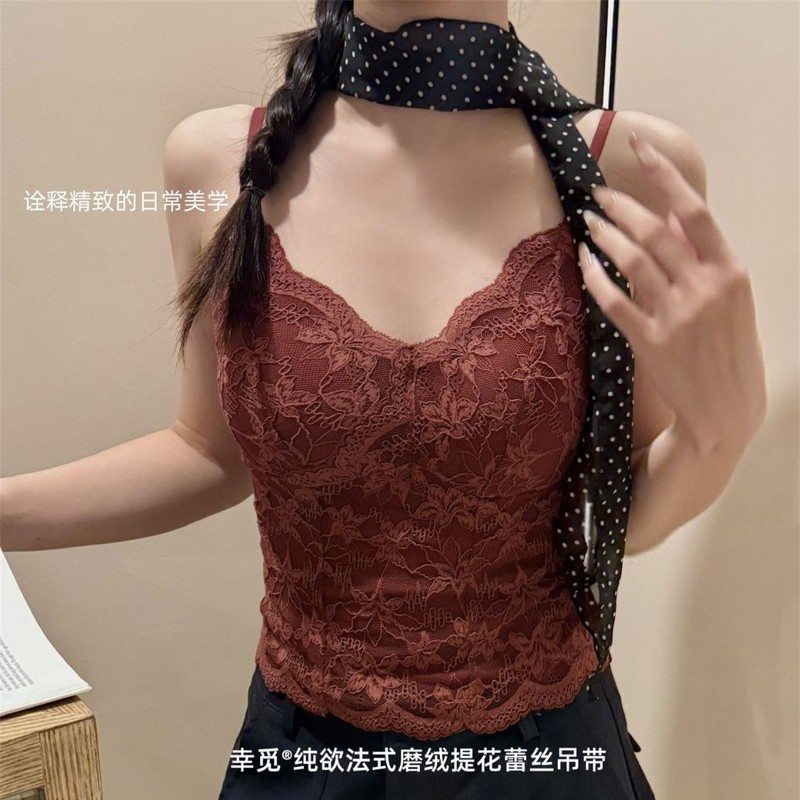 幸觅 6099秋冬磨毛保暖长款法式蕾丝深V内衣带胸垫吊带背心文胸|undefined
