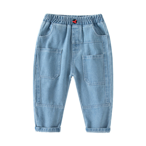 Mid-waist blue spliced ​​pocket boys' denim trousers Spring casual outdoor soft cotton denim trousers