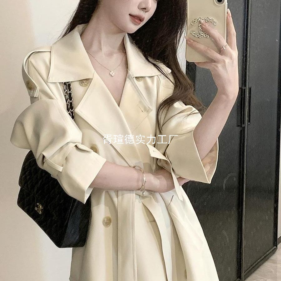 Off-White Lapel Windbreaker Jacket Women's Mid-Length 2025 Autum New Korean Style Small Outwear