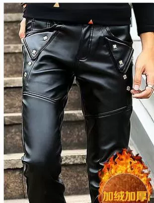 2023 Осень/Зима Новые ногти в Корейском стиле с цветком сливы Облегающие утолщенные кожаные брюки на флисовой подкладке для мужчин Индивидуальная обработка