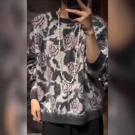 新款热卖玫瑰花图案仿貂绒针织衫3d提花女士休闲圆领打底毛衣上衣