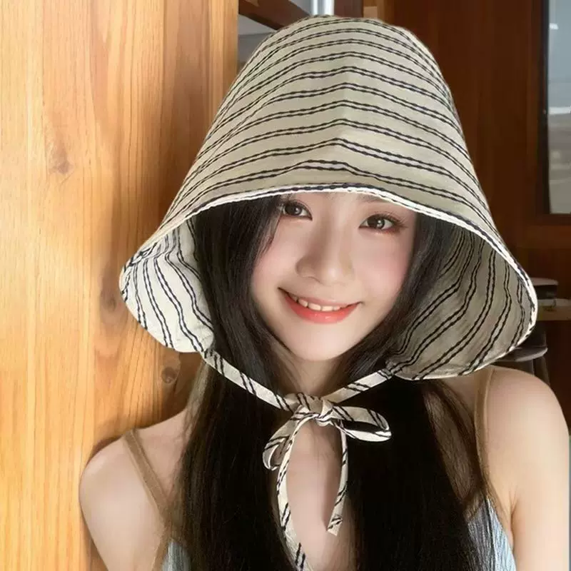 夏季女新款法式大檐渔夫帽小众条纹显脸小百搭遮脸水桶遮阳防晒帽