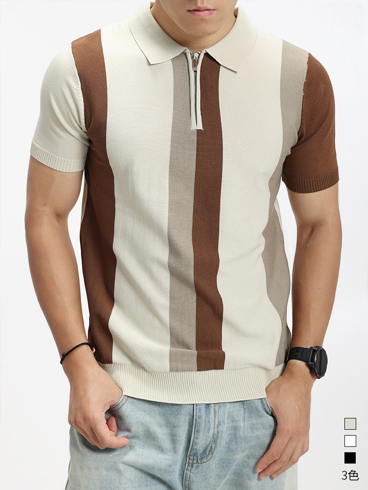 Hombres Europeos y americanos a rayas polo de punto hombre lujo ligero de alto nivel con solapa casual de manga corta con camiseta de cuello de hombre