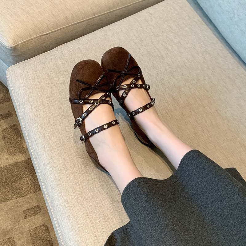 London Style Retro Shallow Flat Shoes for Women with Bow Inner Heightening Hollow Mary Jane Ballet Shoes for Women