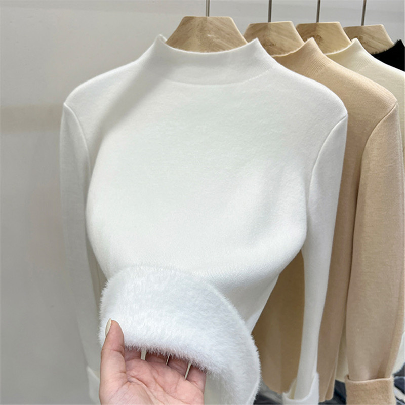 半高领针织毛衣女一体绒秋冬2025新款上衣加绒加厚打底衫女内搭潮