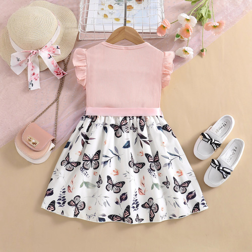 Shopify Bestselling Girls' Round Neck Short Sleeve Plated Princess Dress with Butterfly Print Dress + Belt Children's Clothing