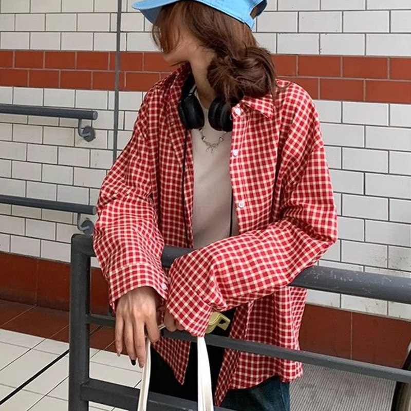 New Korean Style Red and White Plaid Shirt for Women, Loose Long-Sleeved Embroidered Dachshund Dog Jacket, Spring and Autumn Casual Couple Shirt