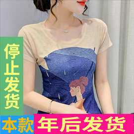 亚马逊2022新品前后卡通印花修身半袖体恤动漫女孩拼色上衣大码装