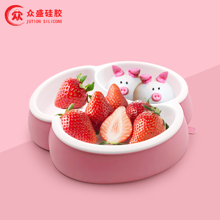 定制儿童硅胶餐盘 高端创意双色硅胶吸盘餐盘 一体式分格硅胶餐盘