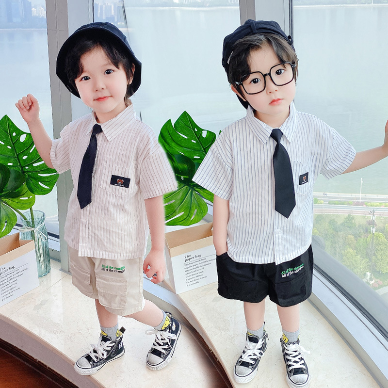 儿童夏季套装男中小童2021年韩版新款棉质衬衫两件套表演服潮童装